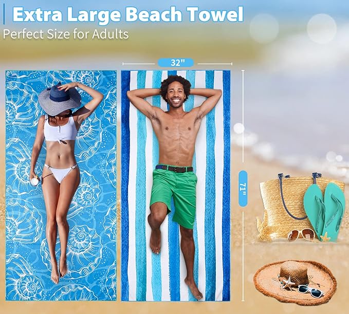 Microfiber Beach Towel Oversized 71x32, Thin, Blue with Bag 2 Pack | Lightweight Sand Free Absorbent Quick Dry Compact Extra Large for Adult Travel Camping Pool Swim Bath Cruise Essentials Gift - Image 3