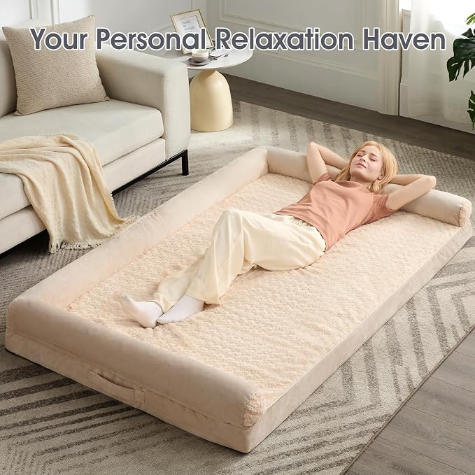 BFPETHOME Orthopedic Washable Human Dog Bed for Adult & Dog Cozy Sleep | Human Size Waterproof Big Soft Pet Couch Bed for Adult & Dogs Relax with Removable Cover Supportive Foam Beige 71x46 Inch - Image 3