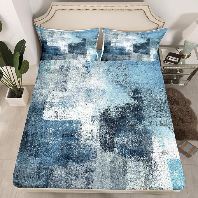 Navy Blue Sheet Set King,White and Grey Ombre Bed Sheets for Kids Boys Girls Adult,Grunge Watercolor Bedding Set Bedroom Decor,Vintage Contemporary Artwork Fitted Sheet + Top Sheet + 2 Pillowcases - Image 2