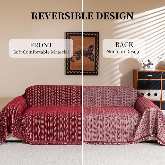 Sofa Covers for 3 Cushion Couch Seat, Loveseat Non Slip Couch Cover Chenille Strip Couch Throw Blankets with Tassels, Sectional Sofa Slipcovers Furniture Protector for Pets, Kids 71"x150", Wine - Image 2