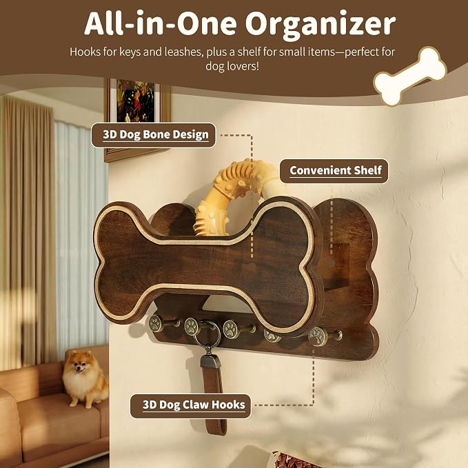MTERSN Decorative Dog Leash Holder for Wall - Bone Shape Key Holder Wall Mount with 5 Cute 3D Doggie Paw Key Hooks & Floating Shelf to Organize Dog Stuff - Wall Decor Living Room for Pet (Dark Acacia) - Image 4