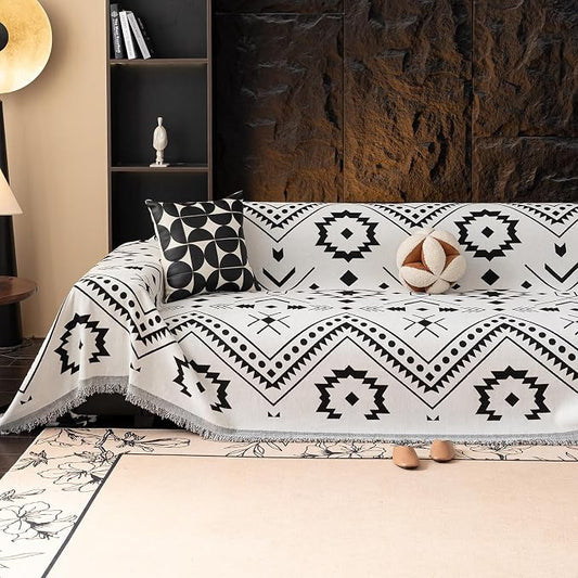 VClife Bohemian Couch Cover Aztec Geometric Chenille Sofa Cover for Sectional Couch - Black and White Zigzag Pattern Sofa Slipcover for 2 Cushion Couch Sofa 71" X 118" by VCLIFE