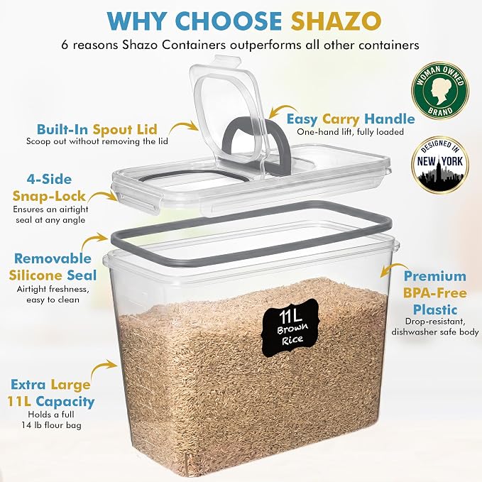 Shazo 2 PC (11L | 372 oz) Flour Sugar Storage Containers with Spout Lid & Easy Carry Handle - BPA Free Extra Large Airtight Food Storage Containers with Lids - Rice Canisters Sets for Kitchen & Pantry - Image 4