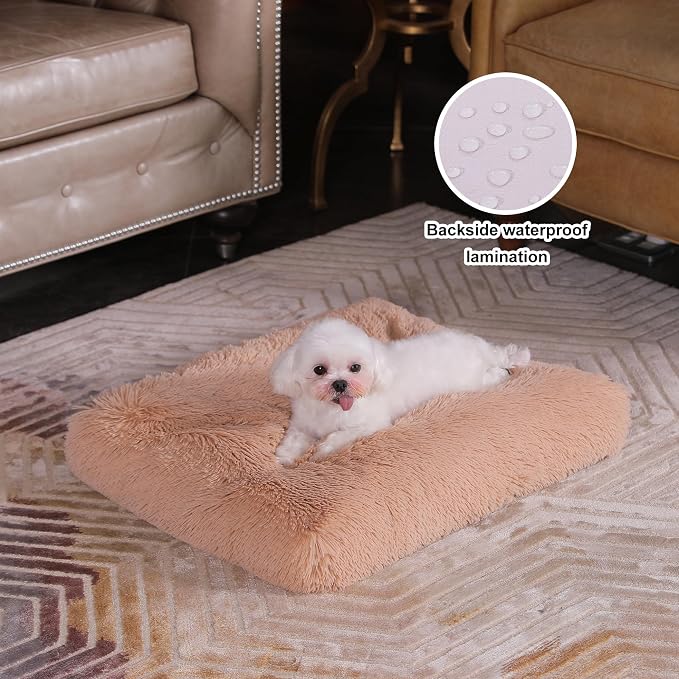 Bedfolks Plush Waterproof Dog Crate Bed, Removable Washable Cover, Faux Fur, Fluffy Kennel Bed 17"x12", Camel - Image 2