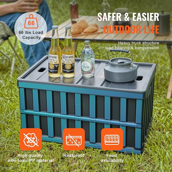 VEVOR 65L Collapsible Storage Bins with Lids 3 Packs, Stackable Utility Crates with Handles, Large Folding Containers for Organizing Tools, Books, Food, Drinks, Camping&Transport - Image 4