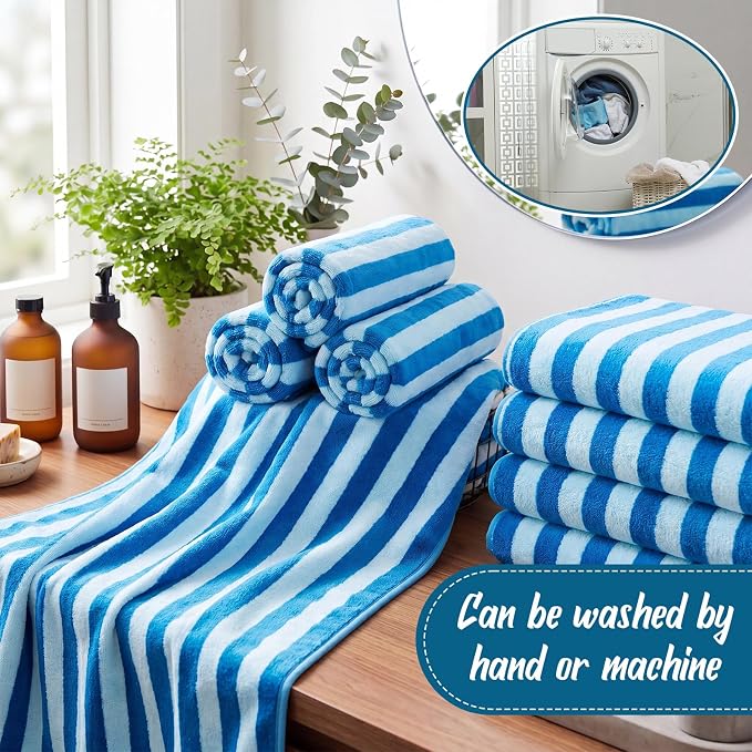 SmoothNovelty 16 Pack Microfiber Bath Towels Bulk 27'' x 60'' Oversized Size Bath Towel Highly Absorbent Extra Large Soft Drying for Beach Shower Summer Salon Sport Gym Party (Blue,Wide Stripes) - Image 4