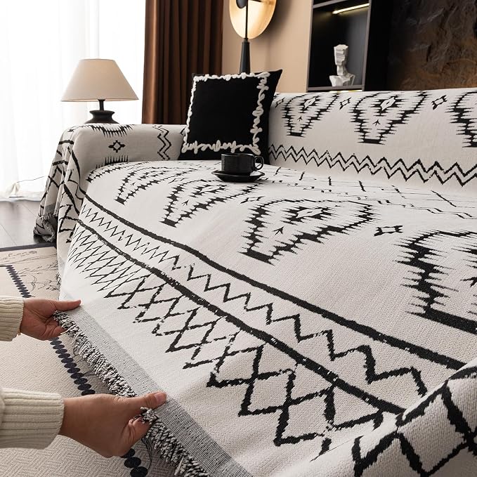 DREAMINGO Boho Couch Cover Sofa Covers for 2 Cushion Couch Jacquard Chenille Couch Cover Blanket Living Room Pet Furniture Protector Sectional Couch Covers for Dogs Washable, White, 71"x118" - Image 3