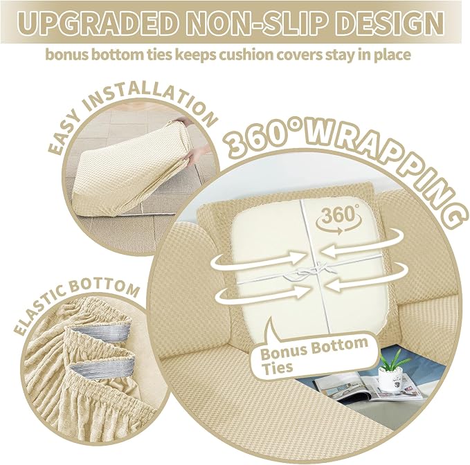【Clearance】 Stretch Individual Cushion Covers Sofa Seat Cushion Slipcovers Soft Couch Cover Replacement Large Checkered Furniture Protector with Elastic Bottom (3 Pc Cushion Cover, Light Beige) - Image 4