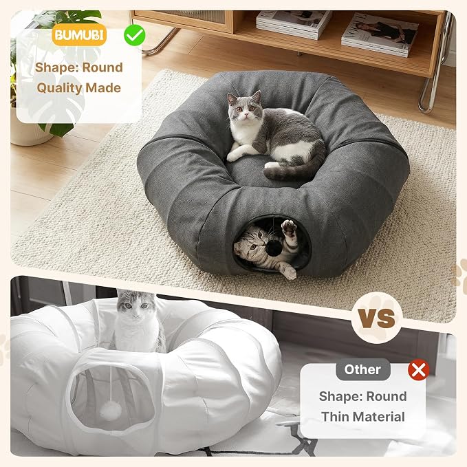 Cat Tunnel Bed for Indoor Cats, Cooling Natural Linen Cat Tunnel, Breathable 29.5in Kitten Toys Cat Tunnel with Washable Mat, Round Pet Tunnel for Kittens, Squirrels Dark Grey - Image 2