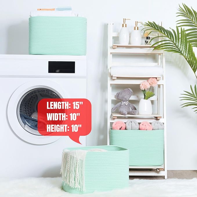 MINTWOOD Design 3-Pack Decorative Woven Storage Baskets for Shelves, Cube Bin Box for Organizing Books, Shoes, Dog Toys, Pantry Closet and Living Room Organizer, Mint - Image 6