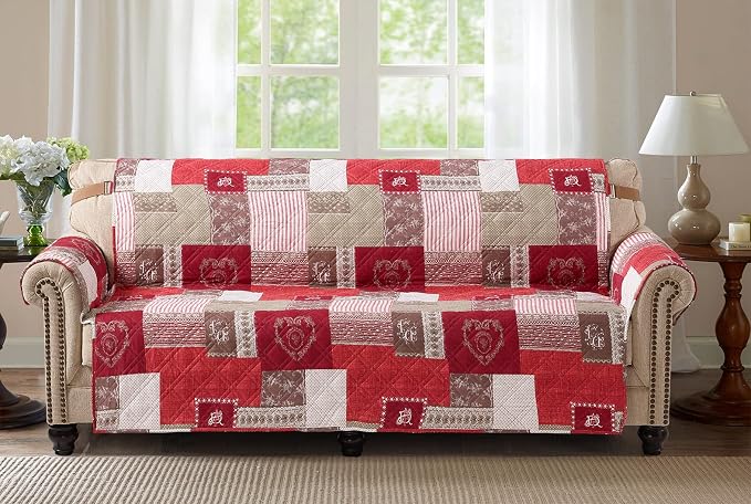 Brilliant Sunshine Burgundy Heart Love Loveseat Cover, 54" seat | Patchwork Design, Non Slip Sofa Cover, Quilted Furniture Protector, Large Washable Love Seat Slipcover for Pets, Dogs & Cats by BrilliantSunshine