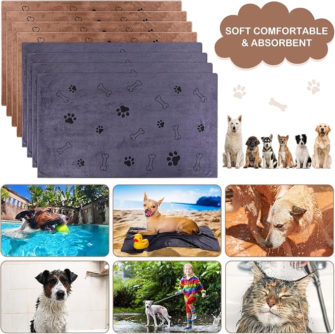 Chumia 8 Pcs Microfiber Dog Towels for Drying Dogs Cats 40 x 24 Inch Pet Towels Bulk for Large Puppy Absorbent Fast Drying Paw Bath Bathing Supplies for Pets(Dog Paw and Bone,Brown, Gray) - Image 6
