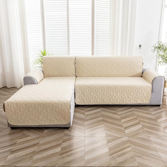 Genina Waterproof L Chaise Sectional Cover for Kids Pets (Beige, Large) | Reversible Design,Anti-Slip Fit,Blocks Pet Hair and Scratches,Stain-Resistant & Easy Install,Machine Washable - Image 8