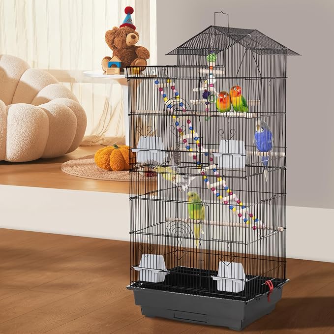 FDW 39 Inch Bird Cage Parakeet Cage with Play Top Rolling Stand & Easy Clean Pull-Out Tray Roof Top Parrot Cage for for Finches Canaries Parakeets Cockatiels & Other Small Birds, Black - Image 6