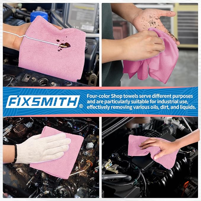 FIXSMITH Microfiber Cleaning Cloth, Shop Towels Bulk, 24 Pack Pink Microfiber Towels for Cars, All-Purpose Absorbent Cleaning Rags, Dust Cloth for Automotive, Mechanic, Garage, Bar, 12 x 11 inch - Image 6