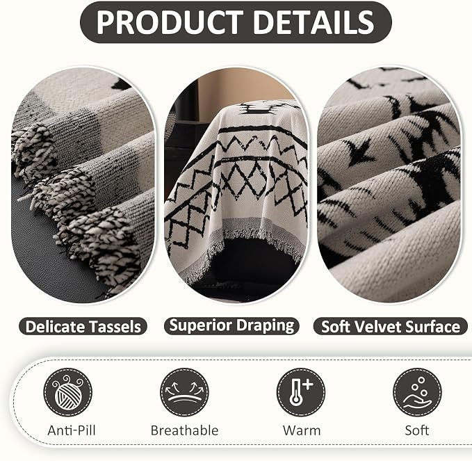 VClife Boho Aztec Couch Cover Retro Couch Cover for 2 Cushion Couch Sofa, Western White Loveseat Cover with Black Tribal Pattern, Soft Thick Chenille Furniture Sofa Covers wit Tassel, White, 71"X118" - Image 4