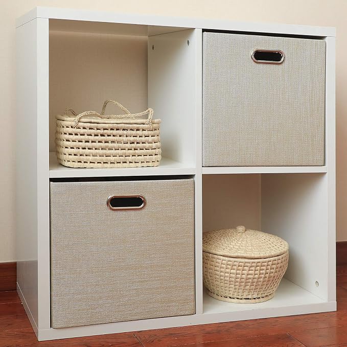 Posprica Foldable Storage Bins,13×13 Storage Cubes Basket Containers for Shelf Cabinet Bookcase Boxes,Thick Fabric Drawers - Set of 2, Beige - Image 5