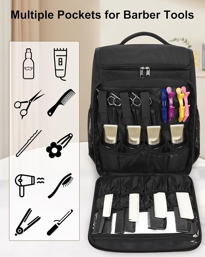 Relavel Barber Bag, Hair Tools Travel Bag, Barber Cases for Clippers and Supplies, Hairstylist Backpack Cosmetology Case with 2 Clear Bags for Hair Cutting Tools, Hair Salon Hairdresser Must Haves - Image 4