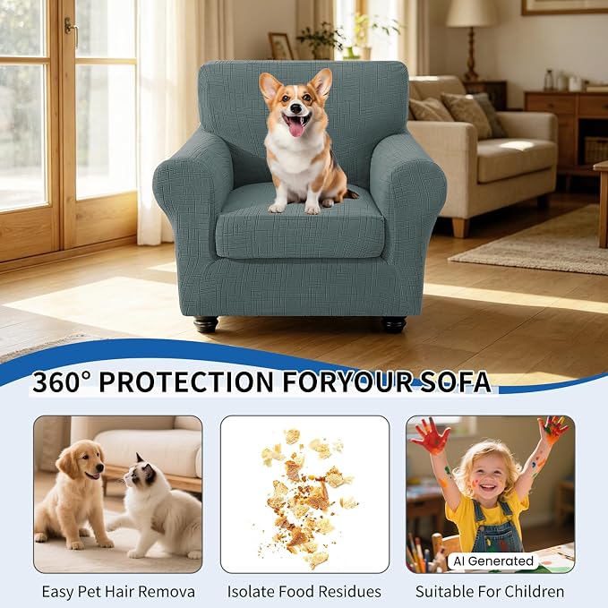 CYCMCAO Stretch 2 Piece Armchair Covers, Non Slip Chair Covers Armchair, Sofa Covers for Pets Washable with Elastic Bottom, Couch Slipcover for Kids, Dogs (Sage Green), 31"-46" (1 Cushion) - Image 5