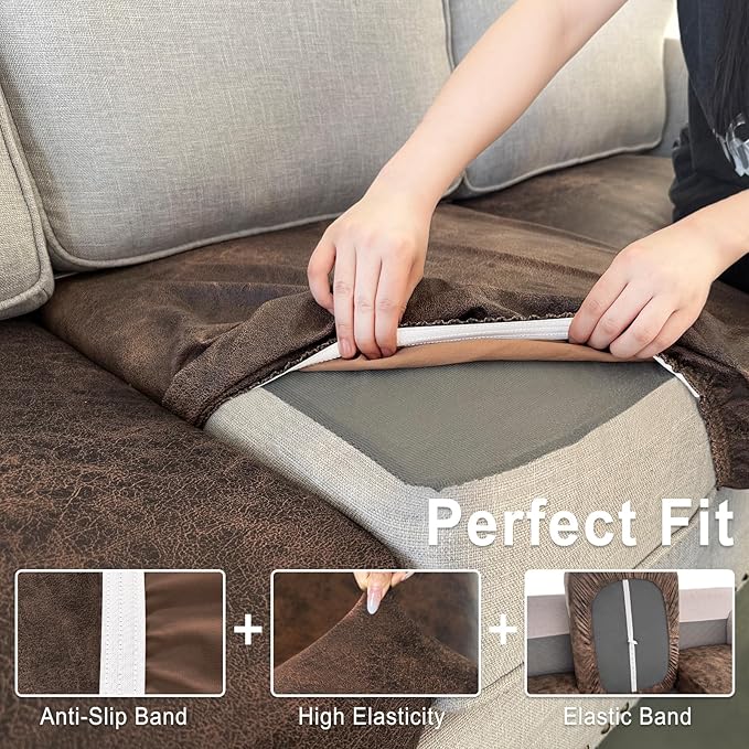 ANARACHON Leather Look Couch Cushion Covers Sofa Seat Slipcovers Sets Couches Furniture Protector for Sectional Armchair Loveseat Pets Kids Stretch Spandex Fabric (1 Cushion Armchair, Dark Brown) - Image 4