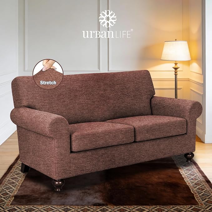 URBANLIFE 3-Piece Stretch Sofa Covers for 2 Cushion Couch, Chocolate | Super fitted spandex slipcovers for couches. Non-slip elastic bottom. Machine washable furniture protector for kids & pets. - Image 2