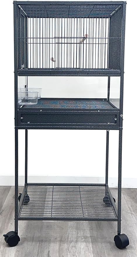 Elegant Sturdy Wrought Iron Bird Parrot Flight Cage Front Door Side Nesting Doors Acrylic Clear Bottom Prevent Food Spillage Storage Shelf Removable Rolling Stand Lockable Wheels - Image 2