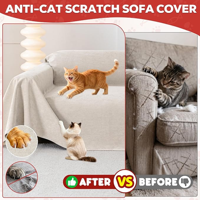 Loiion Cat Scratch Proof Furniture Protector Waterproof Sofa Cover 118"x71" | Pet-Friendly Couch Protector, Anti-Scratch & Anti-Slip Sofa Cover For Cats Dogs Kids, Machine Washable - Image 2