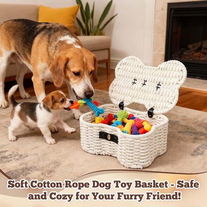 Dog Toys Basket, Cotton Rope Bin Bone Shaped Pet Toys Organizer, Handmade Pet Toy Bin, Woven Baskets for Storage, 14.96" x 11.22" x 6.5"inch - Image 6