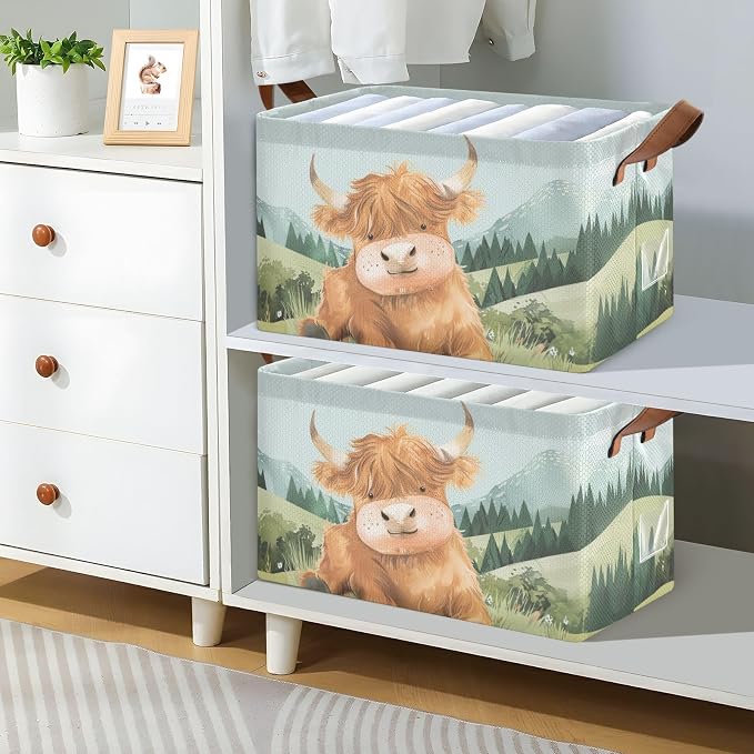 Cute Highland Cow Green Grass Baby Storage Basket with Labels&Handles Rectangular Nursery Storage Bins Collapsible Shelf Organizer Baskets for Kids Books Cloth Gift Basket Toys Laundry, 2 Pack - Image 3