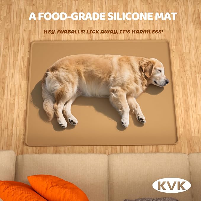 KVK Extra Extra Large Silicone Dog Food Mat 39.4×43.3in and 128oz Silicone Bag Set, Super Size Waterproof Pet Feeding Mat & Container, Non-Slip, Chew-Resistant Floor Protection (Taupe&Orange) - Image 3