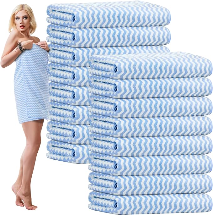 SmoothNovelty 16 Pack Microfiber Bath Towels Bulk 27'' x 60'' Oversized Size Bath Towel Highly Absorbent Extra Large Soft Drying for Beach Shower Summer Salon Sport Gym Party (Wave,Blue) by SmoothNovelty