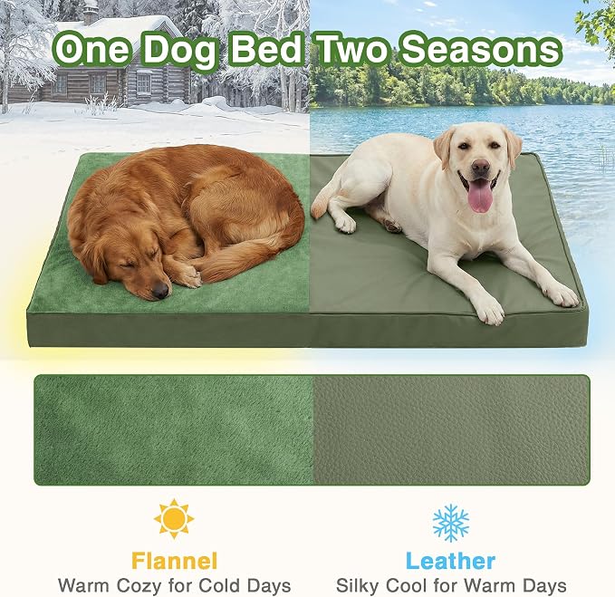 Waterproof Extra Large Dog Bed Washable Outdoor Orthopedic XL Crate Pad 42" | Reversible Wipeable Faux Leather & Soft Flannel, Durable Foam Pet Bed, Removable Cover,Anti-Slip Kennel Pad 41"x27" Green - Image 5