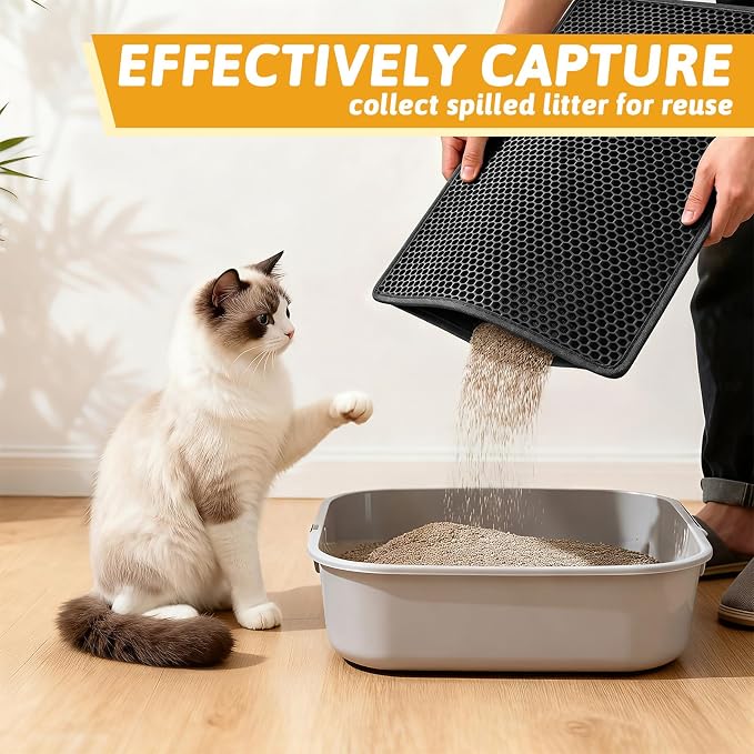 Pieviev Cat Litter Mat Double Layer Waterproof Urine Proof Trapping Mat 1 Pack (Black, 24x15 Inch (Pack of 1)) | Honeycomb Design Catches Scattered Particles to Stop Tracking, Urineproof Base Protects Floors, Easy to Clean - Image 3