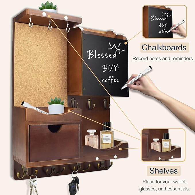 Key Holder Wall Mount， Mail Organizer Key Holder for Wall with Shelf, Drawer, Chalkboard, Corkboard, Home Decor Wall Mounted for Room Entryway(Vintage Brown) - Image 7