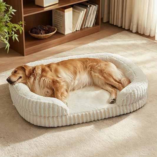 MIXJOY Orthopedic Dog Beds Large Sized Dog,Extra Large Washable Dog Bed Waterproof Oval Dogs Bed with Removable Cover,Egg-Crate Foam Big Pet Bed Couch with Bolster,Non-Slip Bottom,XL 42"X32",White by MIXJOY
