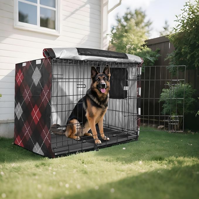 Dog Crate Cover Kennel Cover for Dog Cages Breathable for Wire Cage Indoor Outdoor Dark Red Black Argyle - Image 8