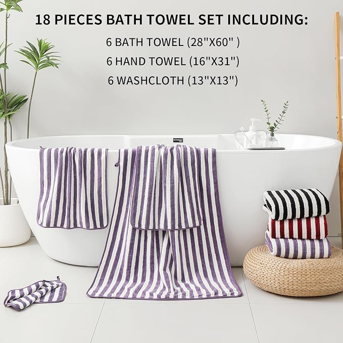 18-Piece Microfiber Bath Towels Set - 6 Bath Sheet, 6 Hand Towels, 6 Washcloths, Soft, Highly Absorbent Bathroom Towel, Quick Dry & Less Lint Shower towel for Bathroom, Hotel, Spa, Dorm-Dark Purple - Image 4