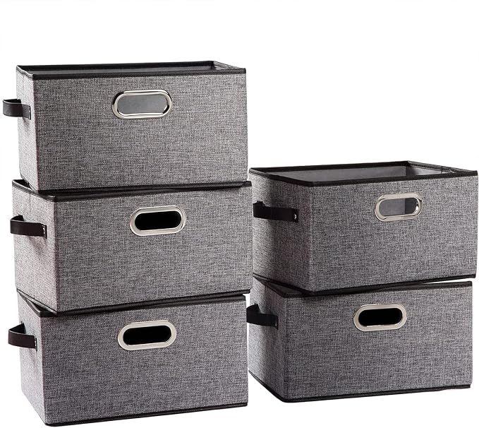 PRANDOM Fodable Storage Baskets for Closet [5-Pack] Decorative Fabric Storage Bins Cubes with Leather/Metal Handles for Shelves Bedroom Living Room Grey (11.5x8.5x6.7 Inch) by Prandom