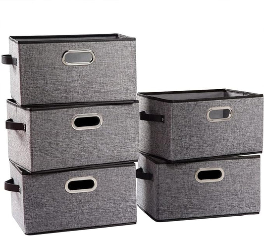 PRANDOM Fodable Storage Baskets for Closet [5-Pack] Decorative Fabric Storage Bins Cubes with Leather/Metal Handles for Shelves Bedroom Living Room Grey (11.5x8.5x6.7 Inch) by Prandom