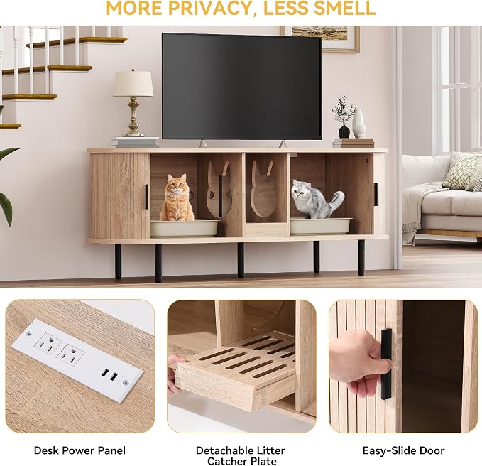 DWVO 55.1in Double Cat Litter Box Enclosure with Power Outlet | Wooden Kitty Litter Box TV Stand Furniture, Litter Box Furniture Hidden for 2 Cats, Light Oak - Image 3
