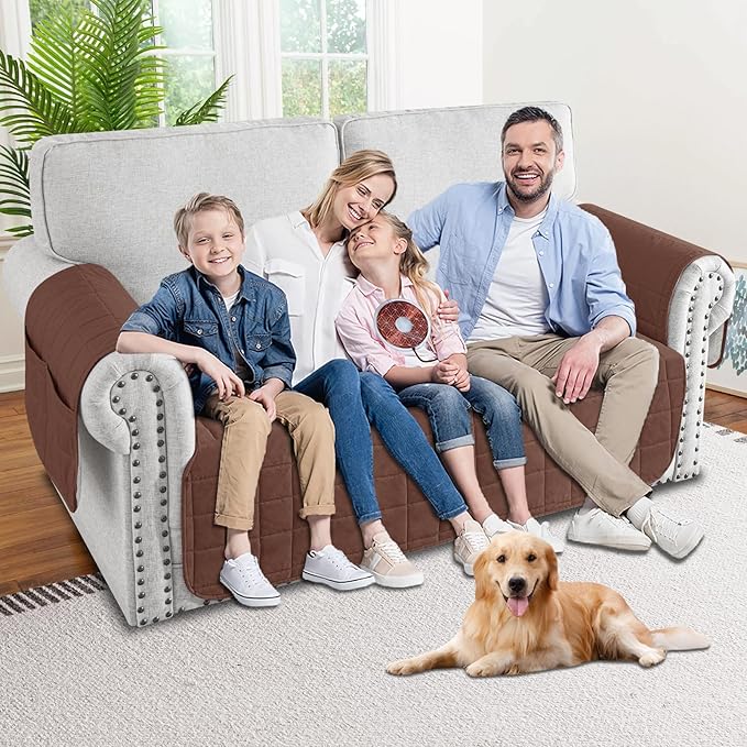 MAXIJIN Waterproof Loveseat Covers for Dogs Washable, Quilted Love Seat Couch Covers 2 Cushion Couch with Side Pockets, Non-Slip Furniture Protector for Pets Kids (Loveseat, Coffee) - Image 2