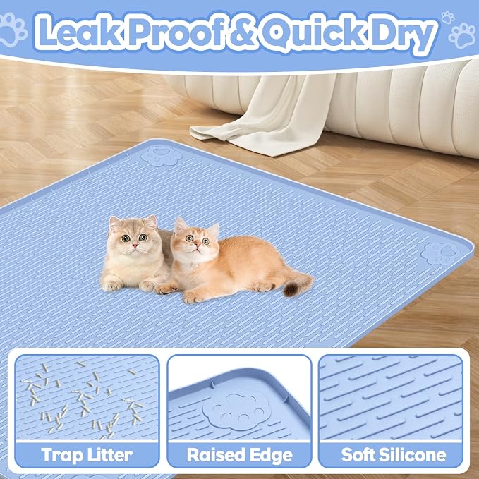 Silicone Cat Litter Mat for Litter Box 34”x22” Large Cat Mat, Blue | Waterproof, Non-Slip, Leak-Proof Rug Mat with Lip, Easy to Clean, Extra Large Litter Catcher Mat for Floor - Image 3
