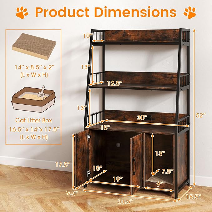 PETSITE Cat Litter Box Enclosure with Storage Shelves, 52 Inches Tall Hidden Litter Box with Charging Station, Scratching Board, and Winding Entry (Rustic Brown) - Image 4
