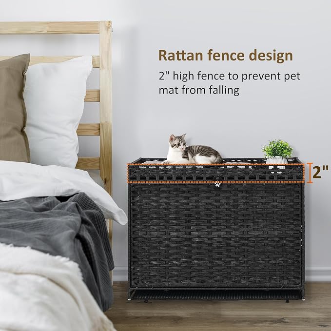 Cat Litter Box Enclosure with Door, Hidden Cat Washroom Furniture | Handwoven PP Wicker; Soft Litter Mat Included; Spacious Interior; Furniture-Style Design; Indoor Home Décor - Image 3