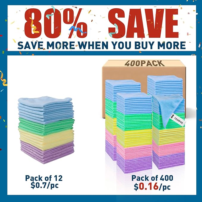 TEAWOO Microfiber Towels Bulk-400 Pack, Cleaning Cloths | Microfiber Towels for Cars, Cleaning Rags, 5 Colors Assorted (11.5x11.5 inches) - Image 2