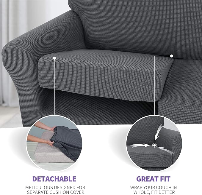 ZNSAYOTX 3-Piece Loveseat Slipcovers High Stretch Spandex Sofa Slip Cover Living Room Love Seat Couch Covers for 2 Cushion Couch Jacquard Small Checks Furniture Protector (Dark Grey, Loveseat) - Image 4