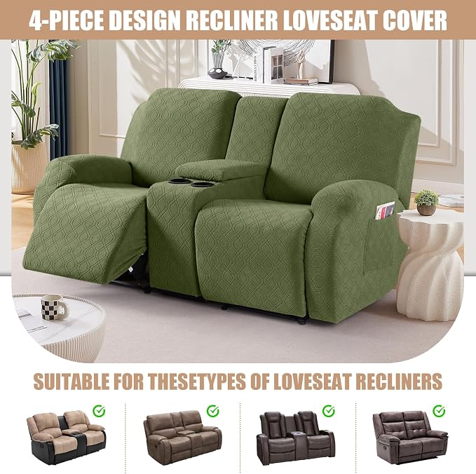 VANSOFY Stretch Recliner Loveseat Cover with Middle Console, Army Green | 4-Pieces, Soft Furniture Protector, Washable Slipcover with Pocket, Pets Sofa Cover, High Stretchy fabric Couch Cover - Image 4