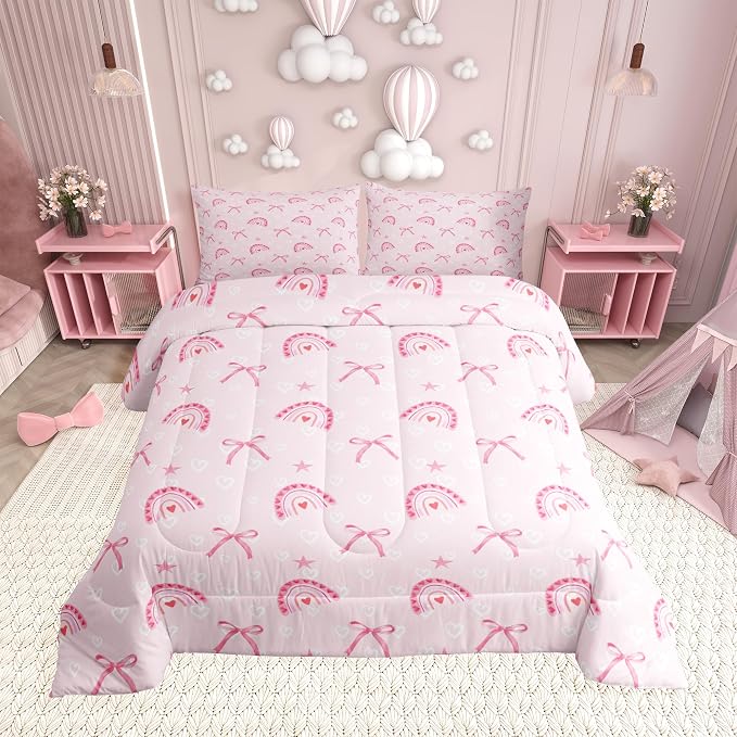 Manfei Pink Love Rainbow Comforter Set Full Size,Princess Bow Ribbon Bow-tie Dreamy Bedding Set 3 Pcs for Teens,Kawaii Hearts Stars Watercolor Comforter,Pink Duvet Insert,2 Pillowcases - Image 4