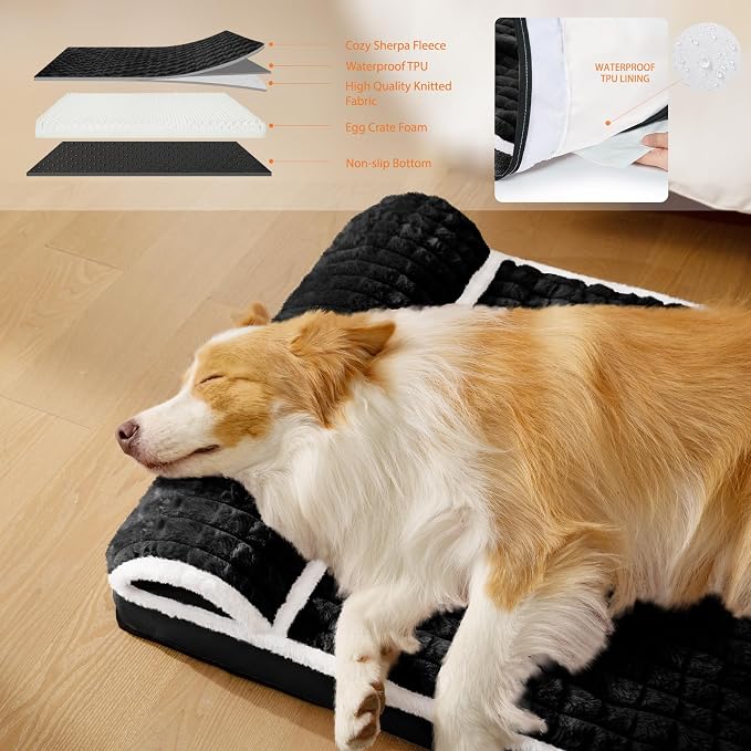 Orthopedic Large Dog Bed Pillow Pet Sofa Bed 36''X24'' Black | Egg-Crate Foam Pet Couch Large Sized Dog, Waterproof Removable Washable Cover,Furry Puppy Crate Mat With Nonskid Bottom - Image 3