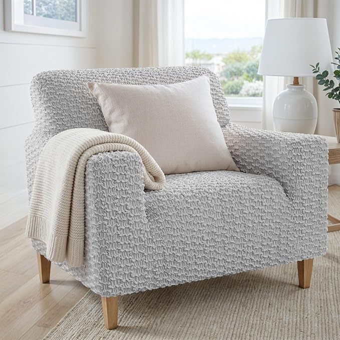 PAULTO BY GA.I.CO. Stretch Sofa Slipcovers – Soft Elastic Fabric Couch Cover for Armchair Loveseat 3-Seater & 4-Seater Sofa Cover – Non-Slip Furniture Protector Washable - Light Grey (21"-39" Wide) - Image 2